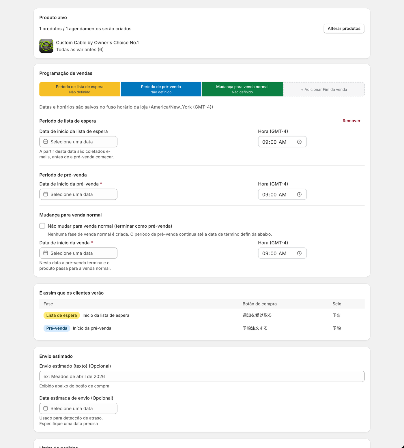 Metade superior do ecrã de criação. A barra mostra o percurso; por baixo estão as datas de início de cada fase.