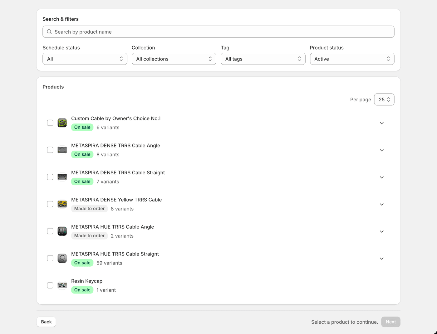 The product picker. You can filter by search, collection, tag and product status.