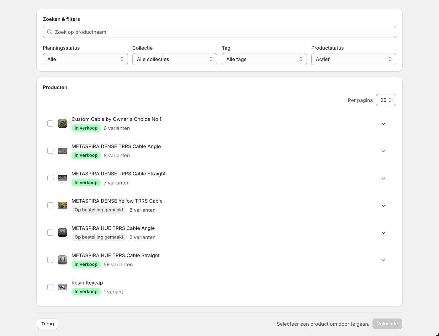 De productkiezer. Filter op zoekterm, collectie, tag en productstatus.