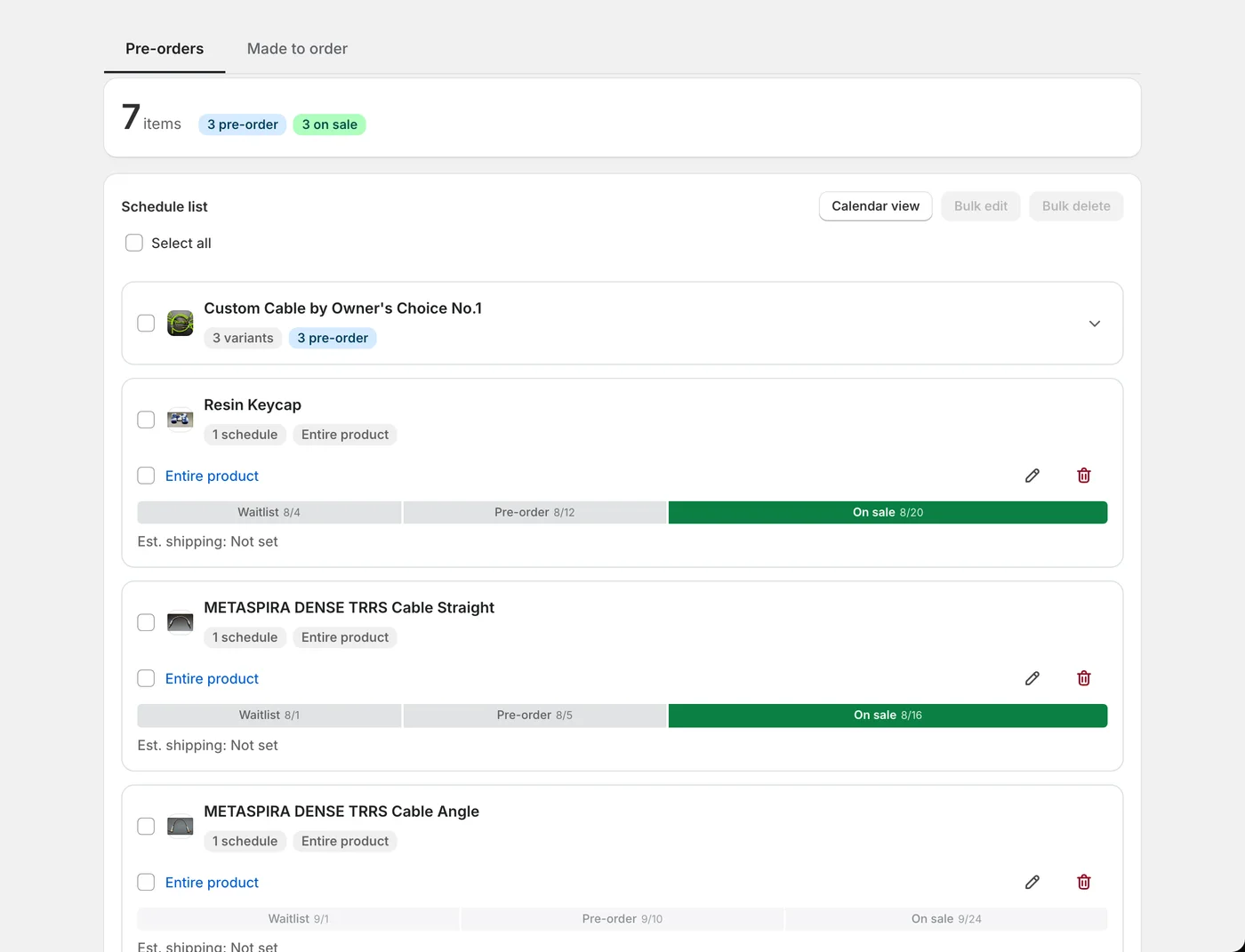 The SellRules schedules list. Created schedules and the phase each product is currently in