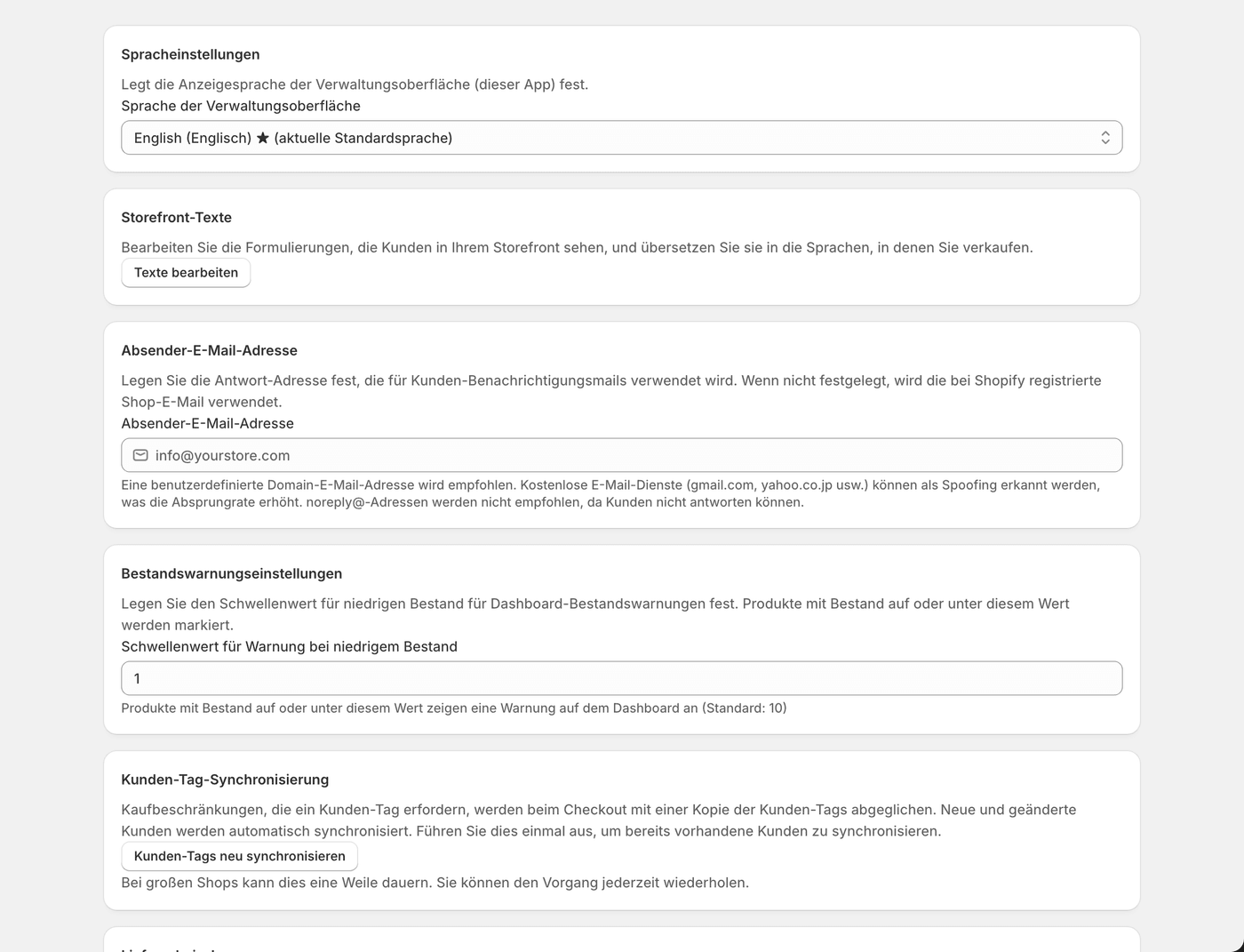 Die Einstellungen: Absenderadresse, Schwelle für Bestandswarnungen, Logo für Lieferscheine, Sprachen und E-Mail-Vorlagen.