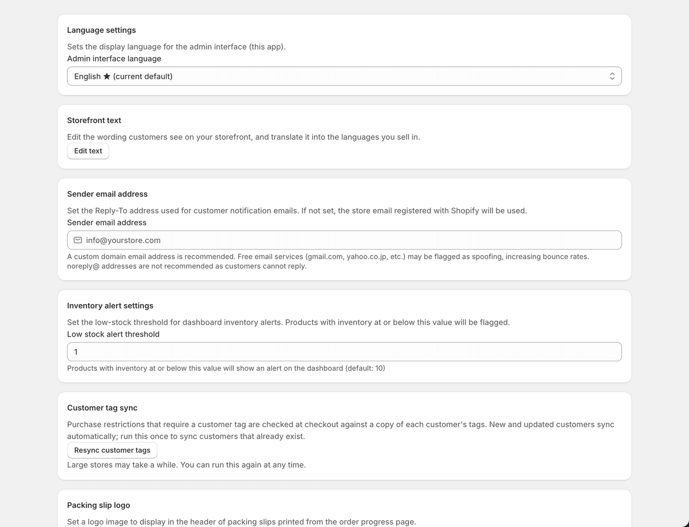 The settings screen: sender email, inventory alert threshold, packing slip logo, languages and email templates.