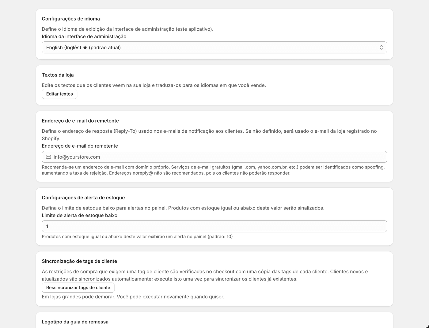 O ecrã de definições: remetente, limite de aviso de stock, logótipo da guia de remessa, idiomas e modelos de e-mail.