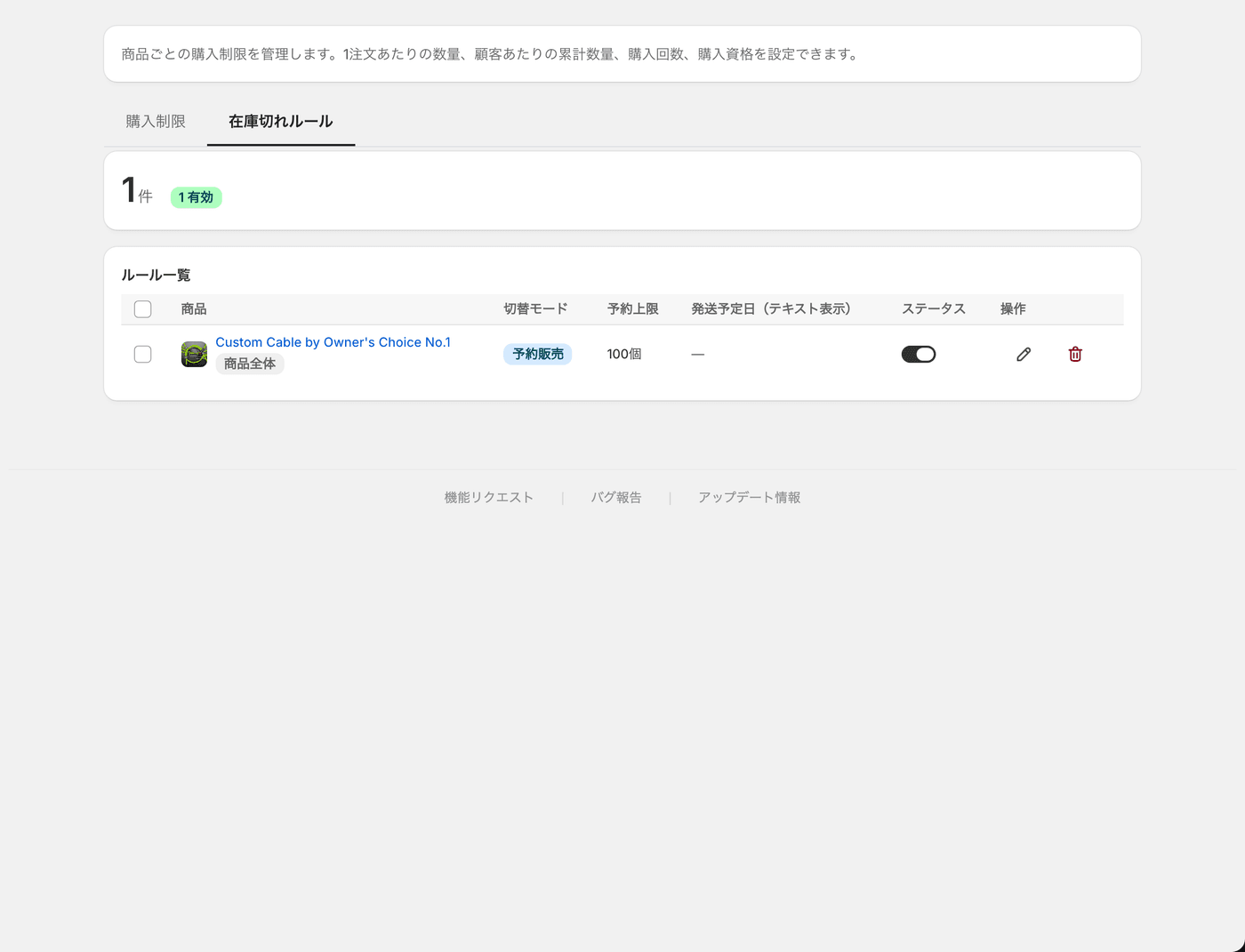 在庫切れルールの一覧。在庫が0になったときの切り替え先を、商品ごとに決めておきます。