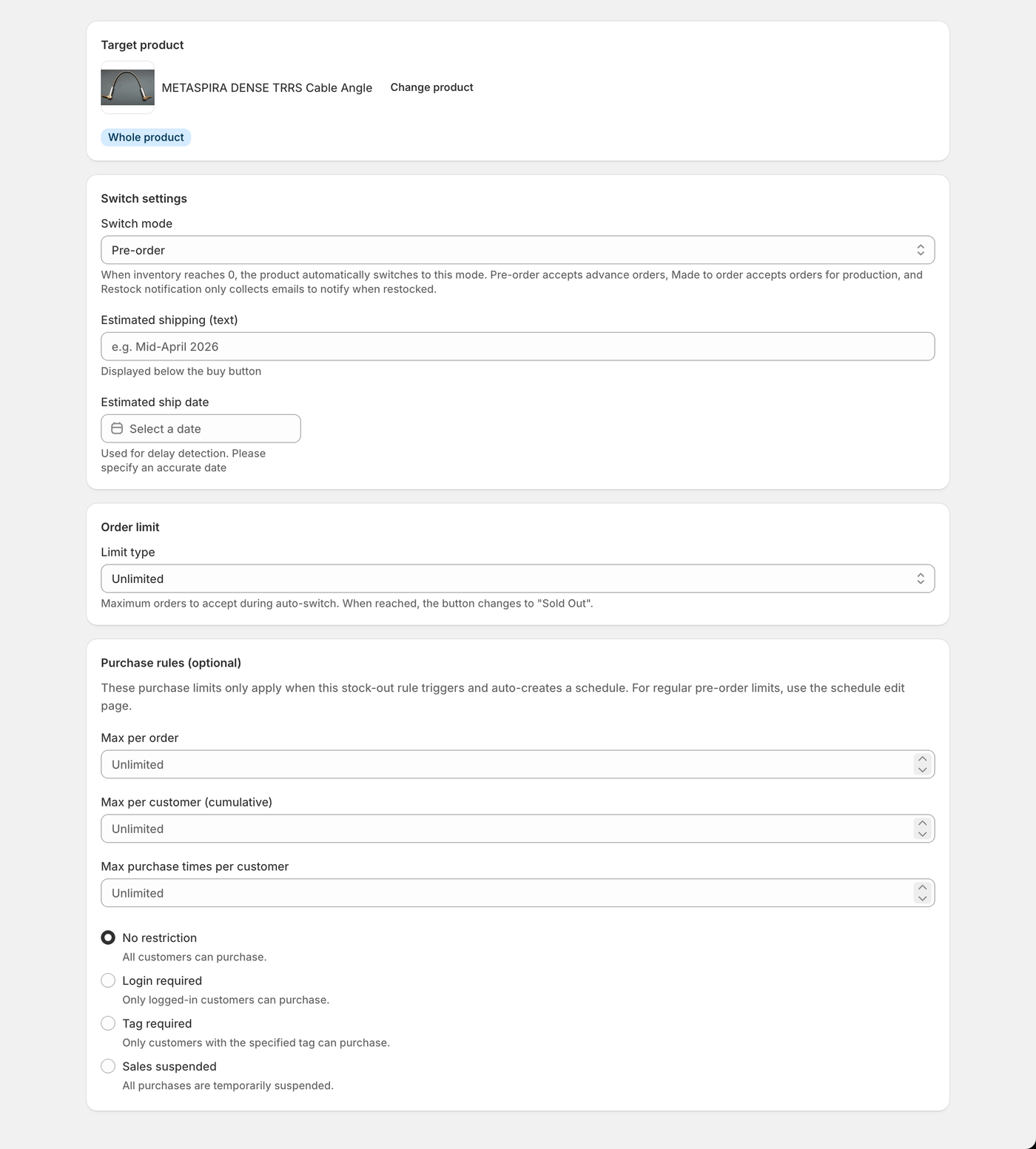Stock-out rule create screen (top half): switch mode and shipping pattern.