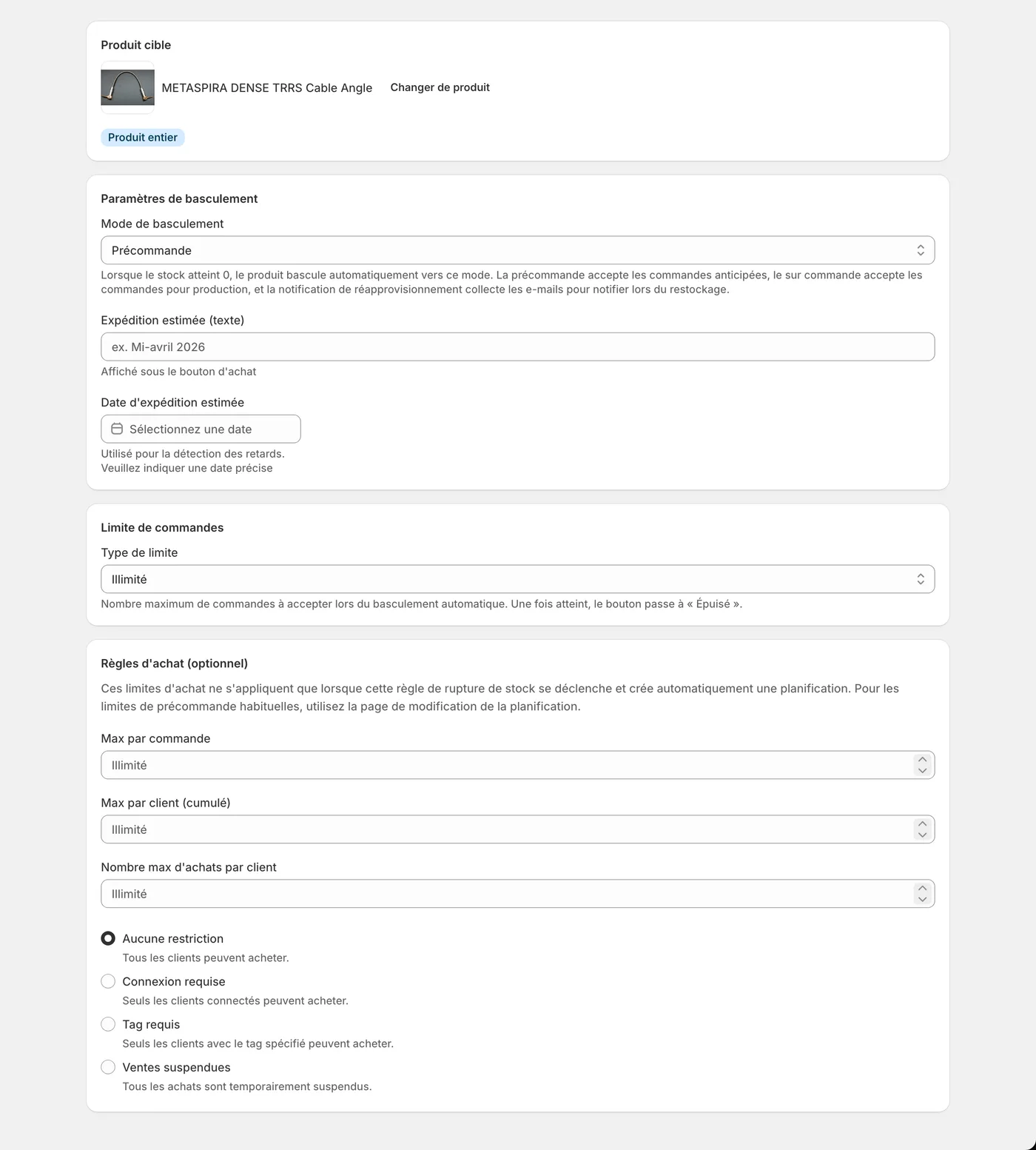 Écran SellRules permettant de définir le mode appliqué après une rupture et les informations d’expédition prévues