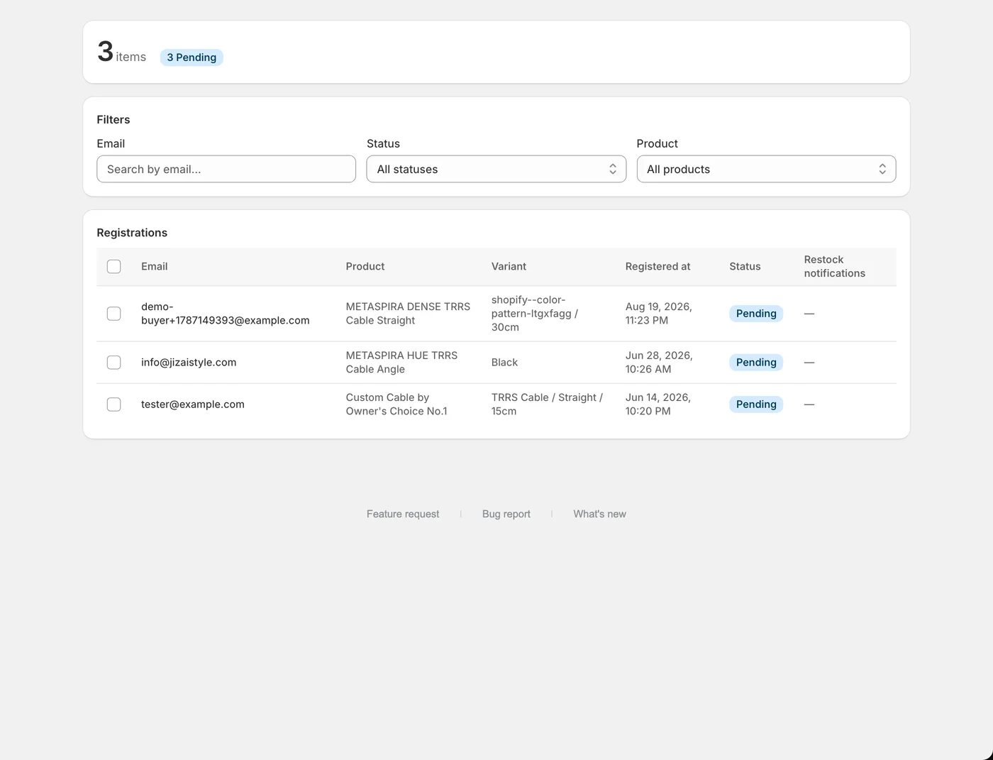 The Waitlist screen, where registered email addresses, products and statuses are listed