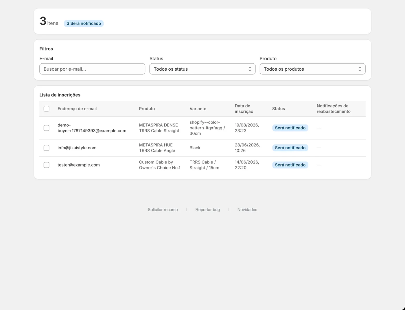 O ecrã da lista de avisos, com os endereços de e-mail subscritos, os produtos e os estados