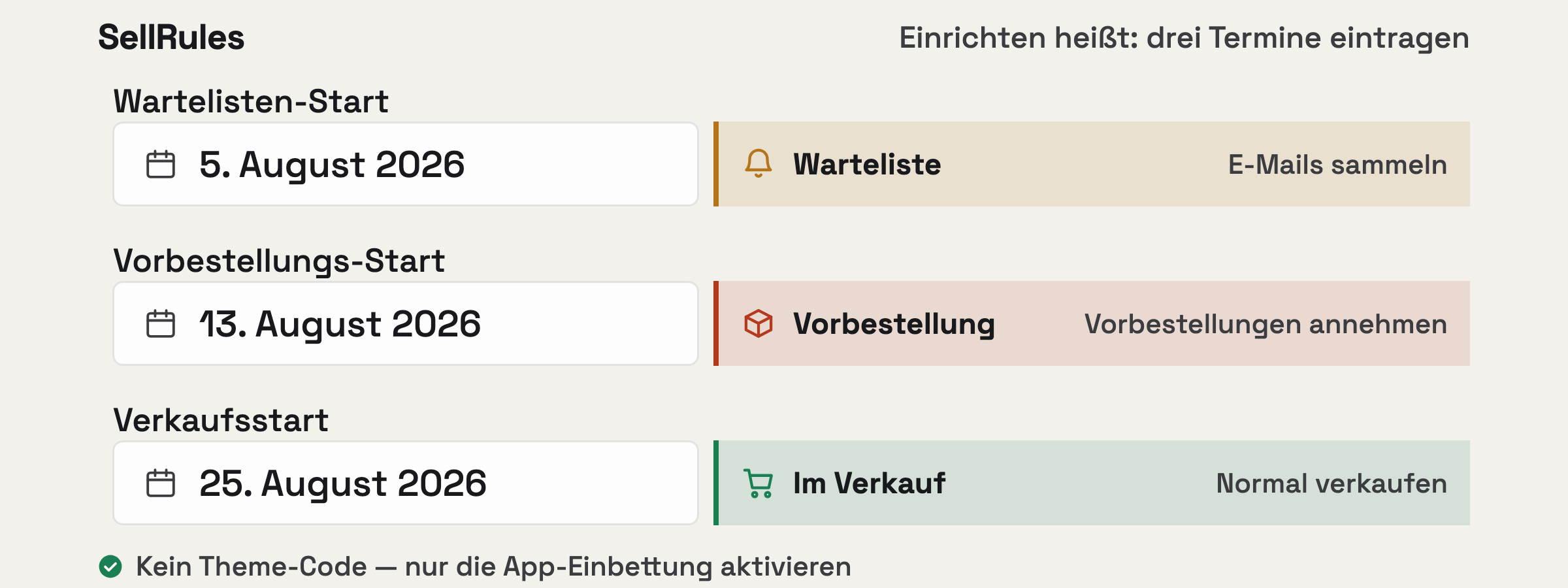 Eine Animation dazu, wie SellRules arbeitet: der Kaufbutton wechselt planmäßig, danach die Einrichtung dahinter – nur drei Termine.