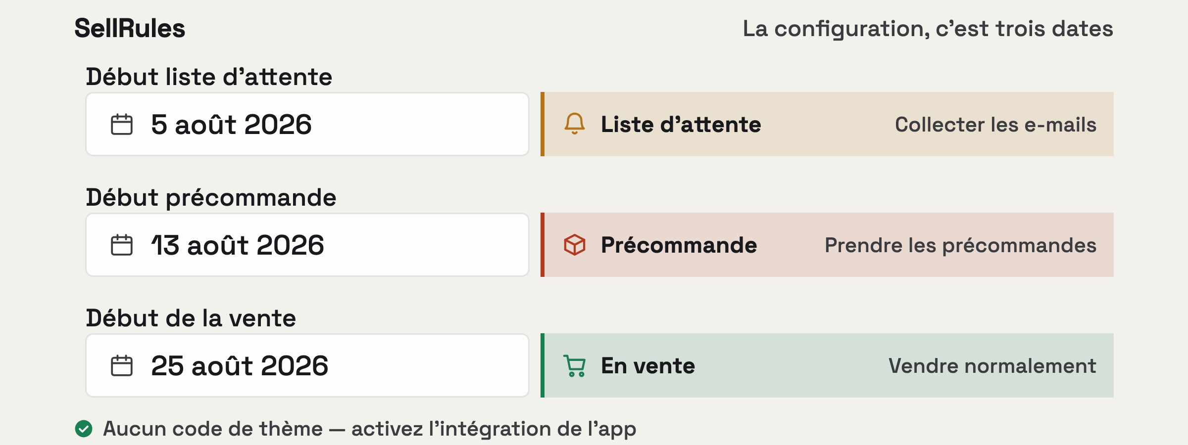 Une animation montrant le fonctionnement de SellRules : le bouton d'achat qui bascule selon le planning, puis le réglage derrière — trois dates, rien de plus.