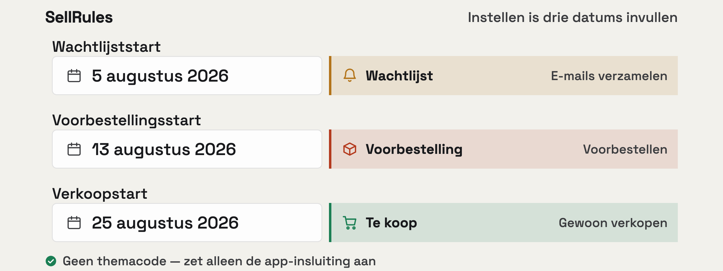Een animatie die laat zien hoe SellRules werkt: de koopknop die volgens planning omschakelt, en daarna de instelling erachter — slechts drie data.