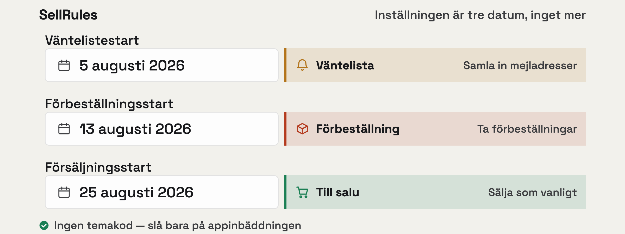 En animation som visar hur SellRules fungerar: köpknappen som växlar enligt schemat, och därefter inställningen bakom — bara tre datum.